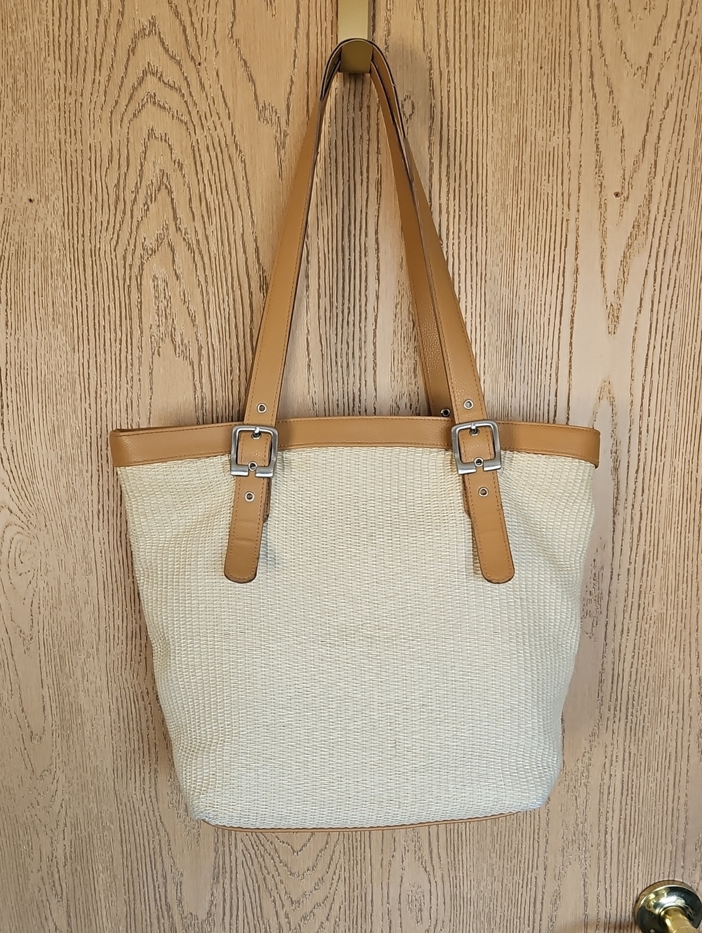 Sunny Hawaii Neutral Woven Tote Bag with Tan Trim